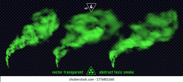 Green smoke set 4 isolated on transparent background. Magic mist cloud, chemical toxic gas, steam waves, realistic set of green bad smell. Realistic illustration. Vector EPS10