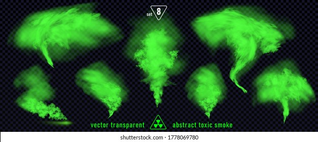 Green smoke set 8 isolated on transparent background. Magic mist cloud, chemical toxic gas, steam waves, realistic set of green bad smell. Realistic illustration. Vector EPS10