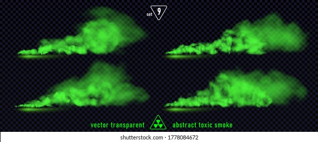 Green smoke set 9 isolated on transparent background. Magic mist cloud, chemical toxic gas, steam waves, realistic set of green bad smell. Realistic illustration. Vector EPS10