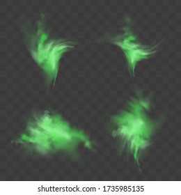Green smoke set isolated on transparent background. Realistic set of green bad smell, magic mist cloud, chemical toxic gas, steam waves. Realistic vector illustration