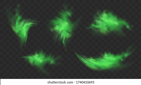 Green smoke set isolated on transparent background. Realistic set of green bad smell, magic mist cloud, chemical toxic gas, steam waves. Realistic vector illustration