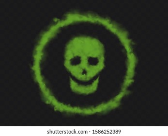 Green smoke skull sign in circle. Bad smell clouds of chemical toxic steam or stench gases in shape of human skeleton face. Warning danger symbol isolated on transparent background