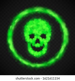 Green smoke skull sign in circle. Vector warning danger symbol in shape of human skeleton face from chemical toxic steam or stench gases isolated on transparent background