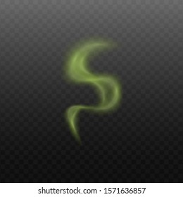 Green smoke steam cloud in abstract curvy shape isolated on transparent background. Bad smell or stench sign or toxic element vapor - realistic vector illustration
