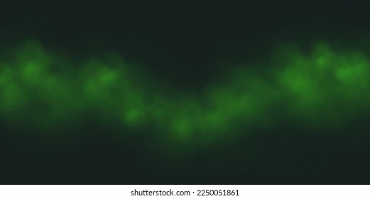 Green smoke, toxic cloud, realistic chemical gas, bad odour concept isolated on dark background. Vector illustration.