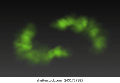 Green smoke, toxic cloud, realistic chemical gas, bad odour concept isolated on dark background. Vector illustration.