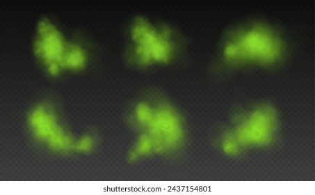 Humo verde, nube tóxica, gas químico realista, concepto de mal olor aislado en fondo oscuro. Ilustración vectorial.