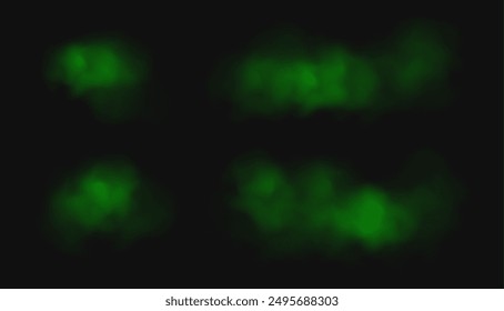 Green smoke, toxic cloud, realistic chemical gas, bad odour concept isolated on dark background. Vector illustration.