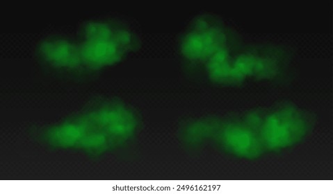 Green smoke, toxic cloud, realistic chemical gas, bad odour concept isolated on dark background. Vector illustration.