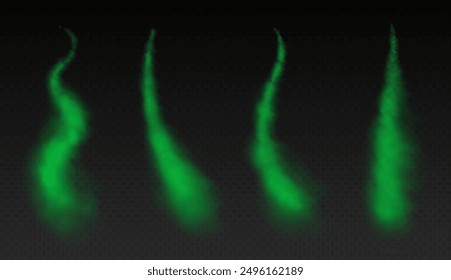 Senderos de humo verde, senderos de condensación de aviones, estelas tóxicas, líneas de vapor de movimiento rápido de un avión. Ilustración vectorial.