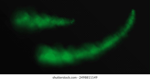 Green smoke trails, airplane condensation trails, toxic contrails, steam lines from fast motion of a plane. Vector illustration.