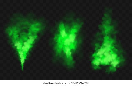 Green smoke, unpleasant bad smell, toxic gas realistic vector illustration. Green stink cloud, smog or chemical vapor, stench haze color spray set isolated on transparent background, indian holi paint