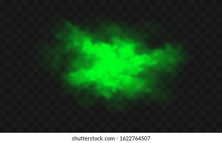 Green smoke, unpleasant bad smell, toxic gas realistic vector illustration. Green stink cloud, smog or chemical vapor, stench haze color spray isolated on transparent background, indian holi paint