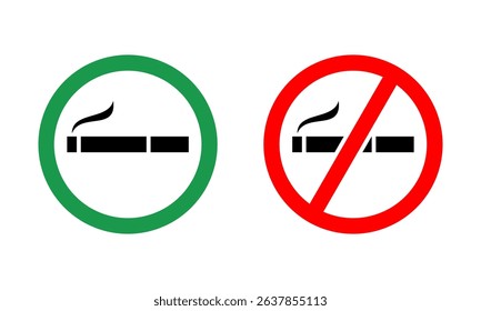 Green smoking area and red no smoking area cigarette circle sign icon flat vector design