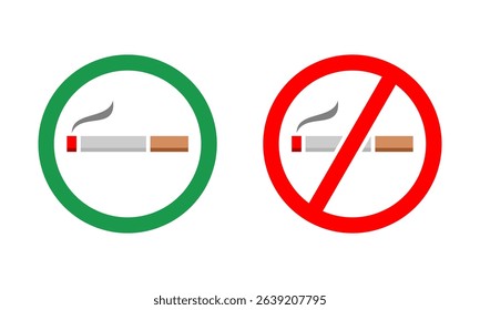 Green smoking area and red no smoking area cigarette circle sign icon flat vector design