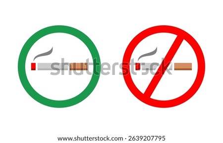 Green smoking area and red no smoking area cigarette circle sign icon flat vector design