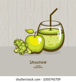 Green Smoothie with apple and broccoli vector illustration. Fresh summer drink. Detox menu and raw food. Template for logo and menu design.
