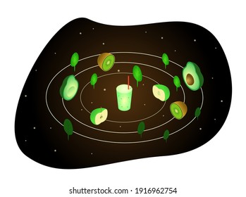Green smoothie with avocado, apple, spinach and kiwi. Fruit, space