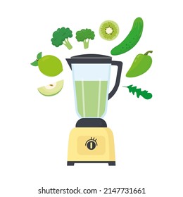 Green smoothie in a blender or mixer. Blender with green fruits and vegetables. Shaking, detox, healthy nutrition concept. Vector flat illustration in cartoon style isolated on white background
