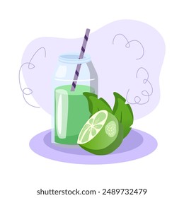 Green smoothie in bottle with straw resting on purple coaster with fresh limes and spinach