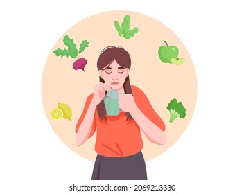 El concepto de smoothie verde. Una mujer rodeada de manzana, limón, brócoli, lechuga y rábano bebe una bebida vegetal saludable. Cóctel con vitaminas para desintoxicación. Ilustración vectorial plana moderna de dibujos animados