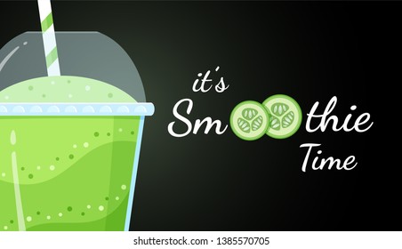 Green smoothie cucumber logo flat vector illustration. Smoothie logo on black background, glass filled with healthy green smoothies cocktail for natural restaurant food banner. Clipping mask applied.