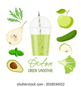 Green smoothie cup with ingredients. Plastic takeaway cup with green liquid. Healthy food, fruits, vegetables, greens. For menu for healthy eating. Fresh energetic drink. Organic detox shake recipe