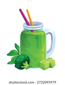 Bebida de smoothie verde de brócolis e espinafres vegetais em frasco de vidro, vetor de desenhos animados. Smoothie vegan orgânico verde de legumes frescos com palha de beber para suco e bebida de vitamina orgânica em frasco de vidro