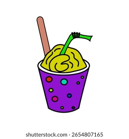 Green smoothie drink. Spotted purple glass. Refreshing beverage straw. Vector healthy refreshment.
