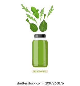 Green smoothie. Glass smoothie bottle with green liquid and ingredients. Vegetable Greens, spinach, arugula, basil isolated on white. For menu, banner for healthy eating. Fresh energetic detox drink.