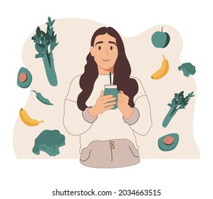 Green smoothie as healthy diet cocktail for slimming tiny person concept. Vegan detox food and drink in glass as organic and vitamin full beverage from straw vector illustration. Raw ingredient blend.