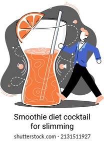 Green smoothie healthy diet cocktail for slimming tiny person metaphor. Vegan detox food and drink as organic and vitamin full beverage from straw. Raw ingredient blend nutrition for energy and diet