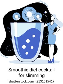Green smoothie healthy diet cocktail for slimming tiny person metaphor. Vegan detox food and drink as organic and vitamin full beverage from straw. Raw ingredient blend nutrition for energy and diet
