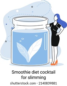 Green smoothie healthy diet cocktail for slimming tiny person metaphor. Vegan detox food and drink as organic and vitamin full beverage from straw. Raw ingredient blend nutrition for energy and diet