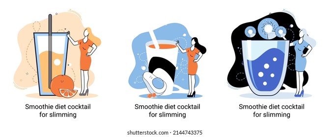 Green smoothie healthy diet cocktail for slimming tiny person metaphor. Vegan detox food and drink as organic and vitamin full beverage from straw. Raw ingredient blend nutrition for energy and diet
