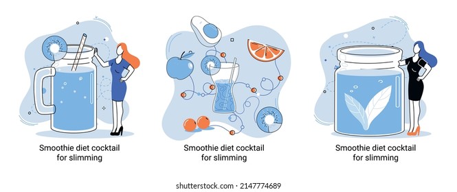 Green smoothie healthy diet cocktail for slimming tiny person metaphor. Vegan detox food and drink as organic and vitamin full beverage from straw. Raw ingredient blend nutrition for energy and diet