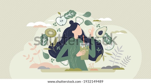 Green smoothie as healthy diet cocktail for\
slimming tiny person concept. Vegan detox food and drink in glass\
as organic and vitamin full beverage from straw vector\
illustration. Raw ingredient\
blend.