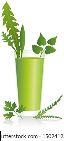 Green Smoothie - Healthy drink with herbs of the meadow in a glass. Isolated vector on white background.