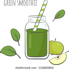 Green smoothie in jar with spinach and apple. Vector illustration.