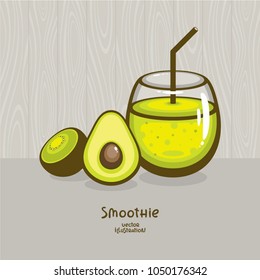 Green smoothie with kiwi and avocado vector illustration. Fresh summer drink. Detox menu and raw food. Template for logo and menu design.