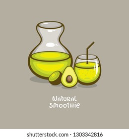 Green smoothie with kiwi and avocado vector illustration. Healthy summer drink. Detox menu and raw food. Template for logo and menu design.