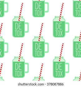 Green smoothie in mason jar glass seamless pattern on white background. Healthy lifestyle concept. Mint green fresh detox smoothie.