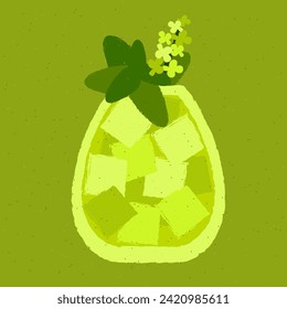 Green smoothie with mint, basil and flowers. Detox drink. Alcohol drink for bar. Cold soft liquid with ice cubes. Tumbler glass. Non-alcoholic beverage. Flat vector illustration with texture