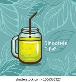 Green Smoothie on seamless leaves background. Healthy summer drink. Detox menu and raw food. Template for menu design.