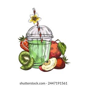 Green smoothie in a transparent plastic cup with a cocktail stick on a background of kiwi, apple and strawberry. Fruit soft drinks and soft drinks in glasses. Ideal for advertising fresh drinks. svg