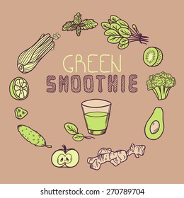 Green smoothie vector illustration. Background with vegetable frame and a glass of juice. Doodle food elements for your design