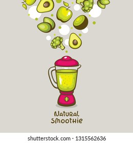 Green smoothie vector illustration. Blender with fresh mix of green fruits and vegetables. Healthy drink for vegan menu.