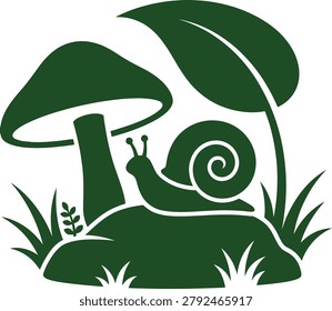 Green snail on rock under mushroom and leafy plant in garden environment with grass and foliage