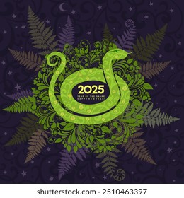 Green snake, 2025 and Happy New Year on a dark background. Magical snak vector design in luxury gold color decorated with esoteric objects moon, stars. Mystical collection of Chinese new year symbol 