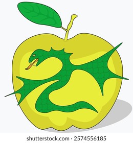 A green snake against the background of a beautiful yellow apple. Symbol of sin and temptation.